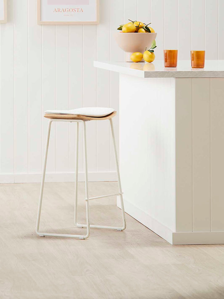 Hendrix Backless Bar Stool (Oak, White Leather)